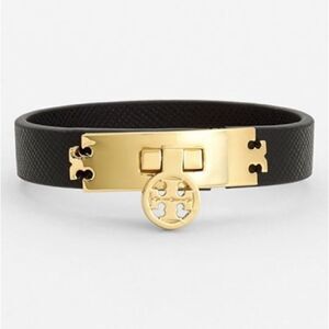 Tory Burch Logo Turnlock Leather Bracelet Black and Gold